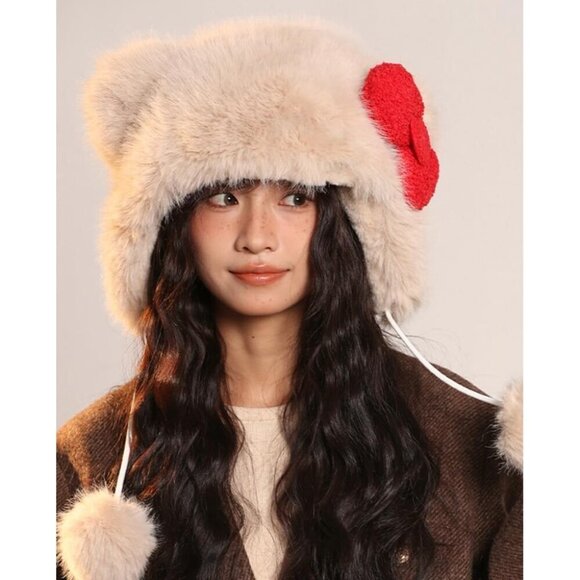 Women\'s White Cartoon Animal Cute Faux Fur Trapper Ear Sherpa Beanie Hat